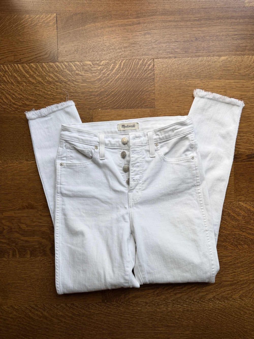Madewell White High-Rise Button-Fly Skinny Jeans with Frayed Hem